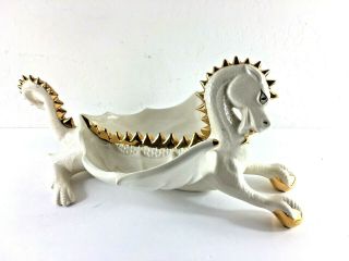 Vintage Dragon Ceramic Bisque Ashtray Figurine Fantasy White Gold Whimsical Gift