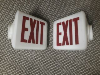2 - Vintage 2 Sided Triangle White Glass Wall Mount Exit Sign Light Globe