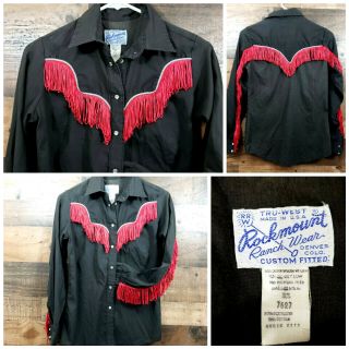 Vintage Rockmount Ranch Wear Western Pearl Snap Black Red Fringe Rodeo Shirt