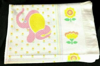 Vintage Baby Blanket Cotton Polyester 36 X 50 White Satin Trim Animals Elephants