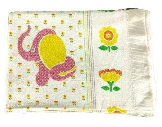 Vintage Baby Blanket Cotton Polyester 36 x 50 White Satin Trim Animals Elephants 2