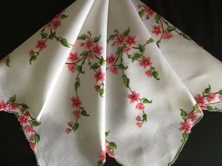 Stunning Vintage Linen Hand Embroidered Tablecloth Trailing Cherry Blossoms