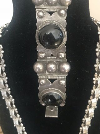 Vintage Mexican Bracelet Silver & Onyx ?cabochon Stones Chunky Signed?