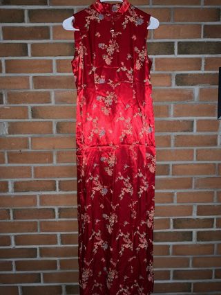 Cheongsam Traditional Chinese Satin Dress Sleeveless Slit Red 5/6 Vintage