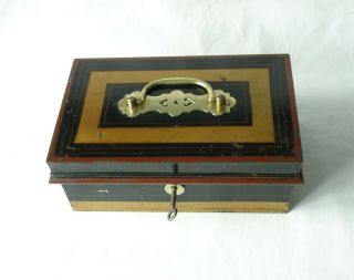 Vintage Antique Metal Cash,  Deeds Box,  Tin.  Brass Fittings.  Key