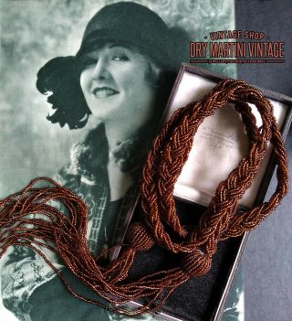 Vintage Art Deco Style Bronze Seed Bead Tassel Flapper Necklace Sautoir Gatsby