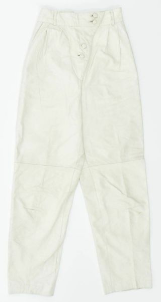 C&a Womens Leather Trousers Eu 34 Xs W24 L28 White Leather Slim Vintage Mi08