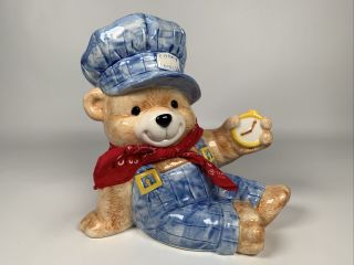 Vintage Treasure Craft Teddy Bear Train Conductor Red Bandana Ceramic Cookie Jar