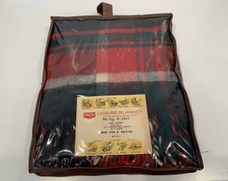 Vintage Troy Red Plaid Wool Blend Stadium Throw Blanket 60x50 With Case