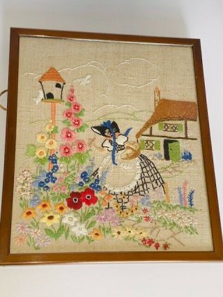 Vintage Crinoline Lady Hand Embroidered Framed Picture: Cottage Garden/ Flowers