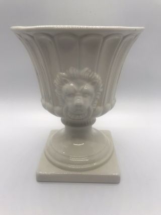Vintage White Italian Pottery Footed Vase Planter Lion Head Italy 601 6”