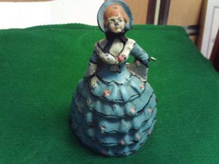 Antique Cast Iron Doorstop Woman In Blue Dress Southern Belle Lady 4.  5 " Tall
