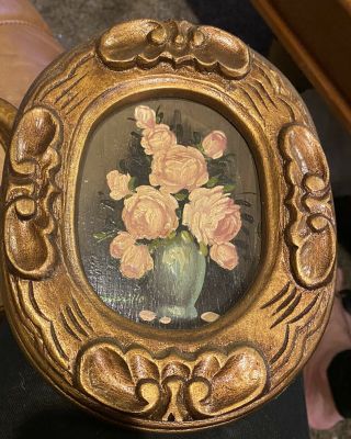 Vintage Oil Painting Of Roses In Vase On Wood Small Or Miniature Oval Frame