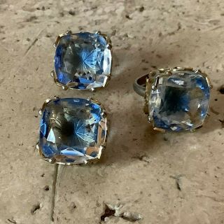 Emmons Blue Starburst Square Glass Earrings And Adjustable Ring,  Vintage 1950s