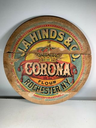 Vtg Antique Hinds Corona Flour Barrel Bin Lid Wood Advertising Sign Old Decor