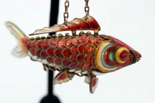 Vintage Chinese Sterling Silver & Enamel Articulated Koi Fish Pendant 3 Inches