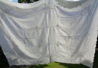 B ' FUL VTG VERY LGE MADEIRA RICHLY HAND EMBROIDERED LINEN TABLECLOTH 90 X70 INCHE 2