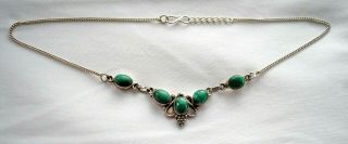 Pretty Vintage Sterling Silver Necklace With Green Malachite Stones