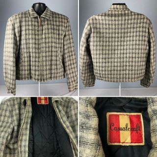 Vtg 60s 70s Casual Craft Gray Plaid Wool Quilted Lined Mens Large Jacket