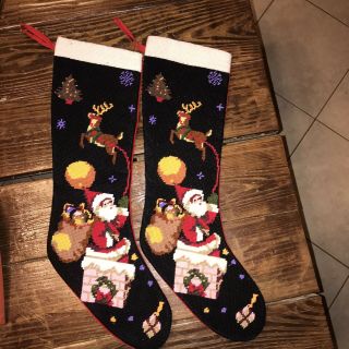 2 Vintage Needlepoint Christmas Stockings For Fireplace Mantle 21”
