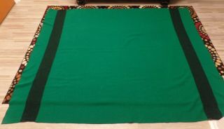 Vintage L.  L.  Bean 66 " X 80 " 100 Wool Green & 2 Black Stripes Camp Bed Blanket