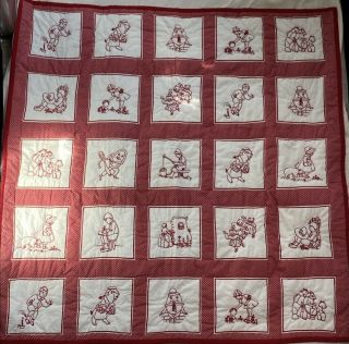 Vintage Handmade Red And White Baby Quilt Hand Embroidered Quilted 42”x 47”