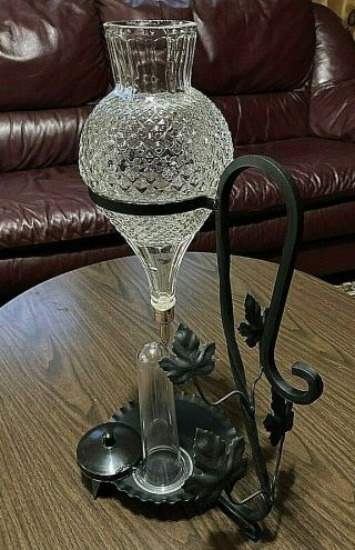 Vintage Wine Aerator Dispenser Wrought Iron & Glass W/chiller Lid Stand 20 "