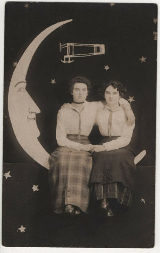 Affectionate Women Paper Moon Studio Prop Spaceship Vintage Rppc Photo Postcard