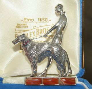 Large Sterling Silver Lady & Dog Agate Garnet Vintage Art Deco Style Brooch Pin