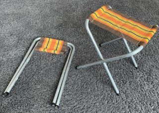 2 X Vintage Striped Folding Metal Camping Stool/chair Caravan Vw Fishing
