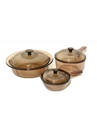 Vtg Corning Vision Ware Amber Glass Cookware Set Pots W/ Lids 2.  5l,  1.  5l,  0.  5l