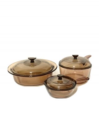 VTG Corning Vision Ware Amber Glass Cookware Set Pots w/ Lids 2.  5L,  1.  5L,  0.  5L 2