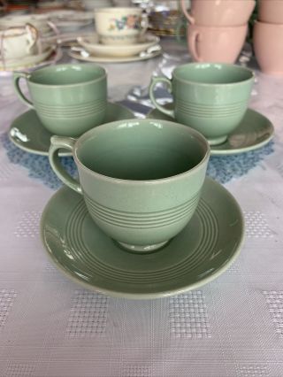 Vintage Woods Ware Beryl Green Demitasse Espresso Cups And Saucers X 3
