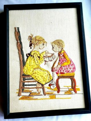 Vintage Finished Needlepoint Picture Crewel Embroidery Girls Prairie Country