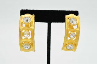 Norma Jean Signed Vintage Clip On Earrings Rhinestone Crystal Brushed Gold Bin1