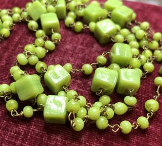 Vintage Art Deco Jewellery Lime Green Cubed Glass Bead Flapper Necklace