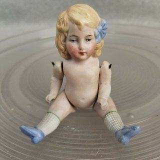 4 - 1/2 " Antique All Bisque German Character Girl Doll Figure W Painted Blue Shoes