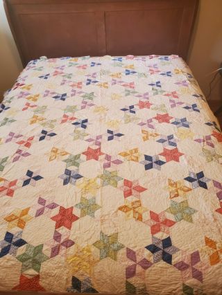 Vintage Quilt 8 Point Star 70 " X 72 " Hand Made Quilted Great Old Fabric