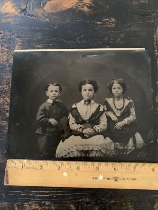 Antique Tintype Victorian Children Fancy Dress 8.  5” X 6.  5”