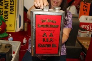 Rare Vintage The Baker Castor Oil Company Metal Oil Gas Can Sign