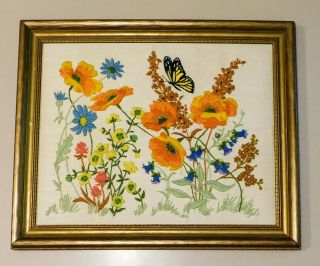 Vintage 1980 Finished Crewel Embroidery Sunshine Garden Flowers Butterfly Framed