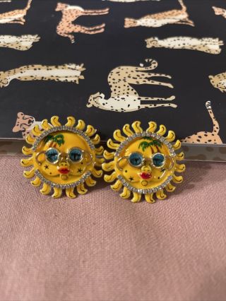 Lunch At The Ritz Sun Sunshine Clip On Earring Glasses Rhinestone Yellow Vintage