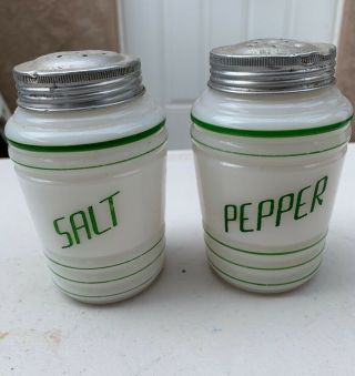 Vintage Hazel Atlas Salt Pepper Shkaers Milk Glass With Green Stripe