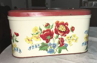 Vintage Metal Bread Box Antique Nc Colorware Red Bread Tin Flowers Floral Vgc
