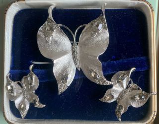 Vtg Crown Trifari Butterfly Brooch & Clip On Earring Set Silver Tone