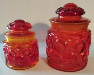 Two Vintage Le Smith Red Amberina Moon & Stars Glass Canisters 6.  5 " & 5 " Pretty