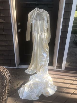 Vintage 1930s Ivory Satin Long Sleeved Wedding Gown Long Train