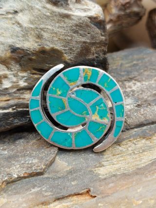 Vintage Sterling Silver Turquoise Inlay Swirl Brooch Pin Navajo Native.