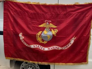 Vintage U.  S.  Marine Corps Flag /banner Usmc - Red - Yellow - Gold Fringe Nylon