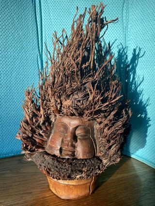 Vintage Hand Carved Chinese Wood Bamboo Root Art Sculpture Man Face Deity Buddha